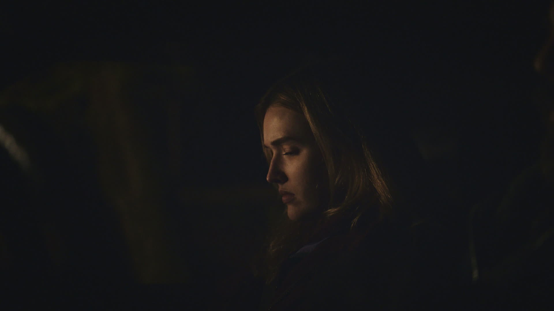 A woman's face lit by firelight in a dark room